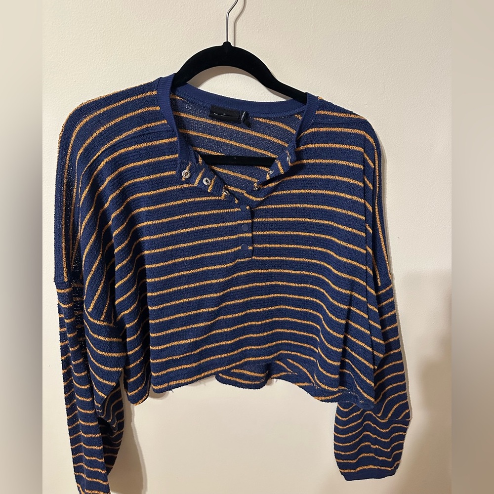 Urban Outfitters Navy and Orange Striped Crop Long Sleeve Slouchy Top